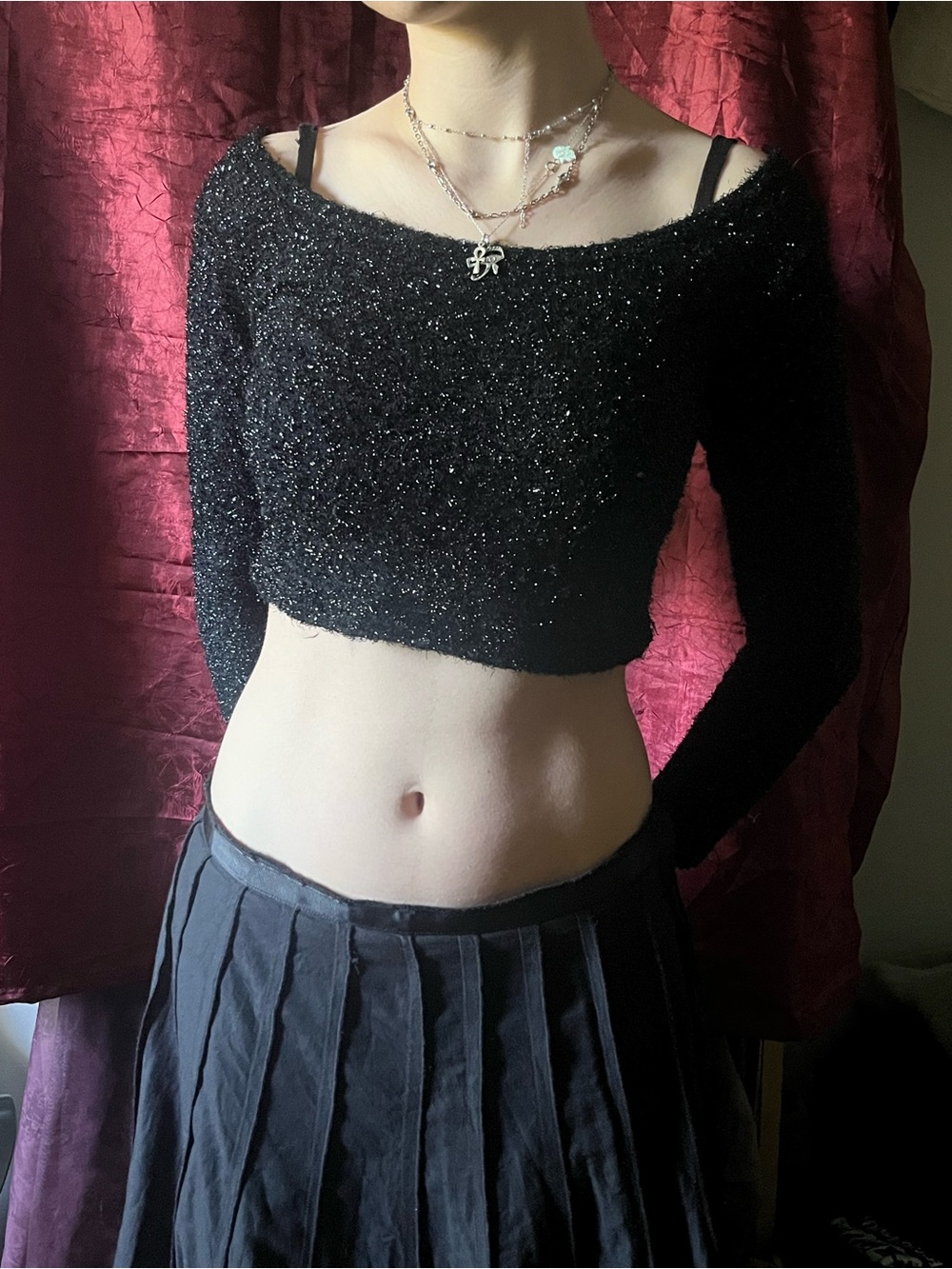 Women's Black Sparkle Cropped Boatneck Long Sleeve Top